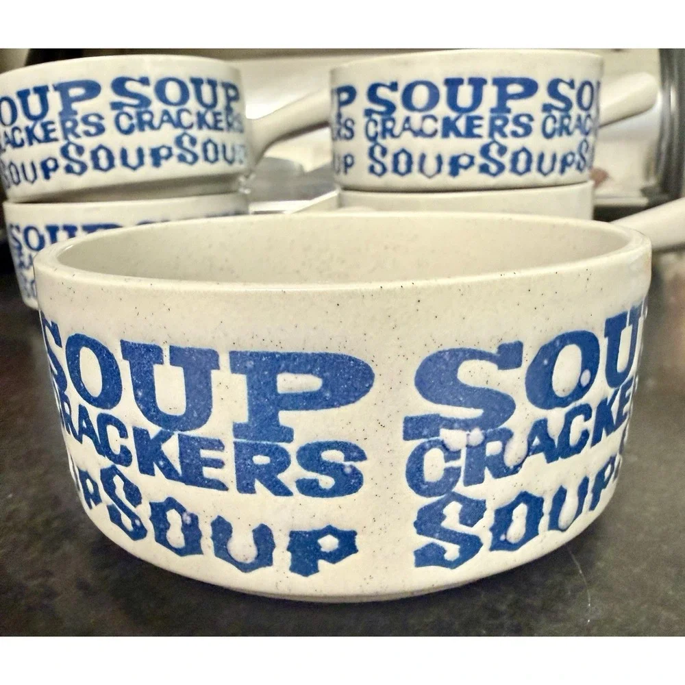 5-Vintage Stackable 1970s Apex Stoneware Soup and Crackers Handled Bowls